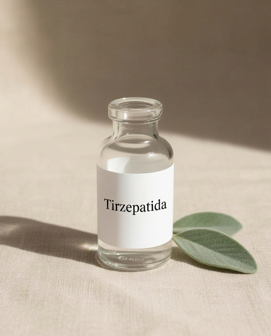 Frasco de vidro com etiqueta Tirzepatida.